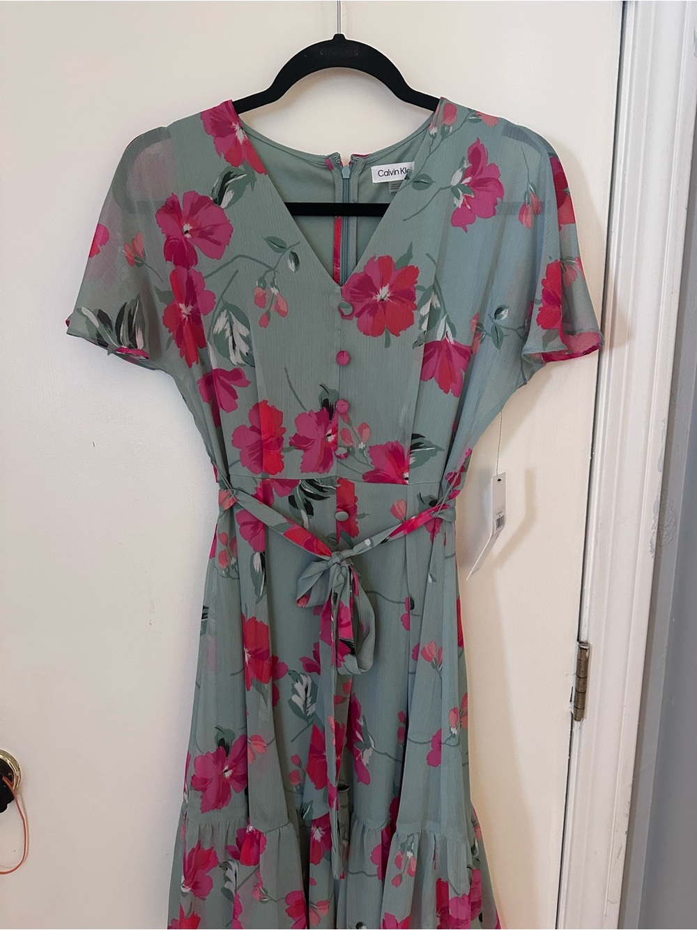 Calvin Klein Sage Green Midi Dress with Bright Pink Floral Print NWT 6P